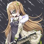  ahoge assault_rifle bangs black_gloves blush bow breasts brown_hair bullpup choker closed_mouth collarbone dog_tags double_bun dress earrings expressionless eyebrows_visible_through_hair fingerless_gloves floating_hair fur-trimmed_jacket fur_trim girls_frontline glasses gloves green_eyes gun hair_bow heavy_breathing holding holding_gun holding_weapon jacket jewelry kel-tec kel-tec_rfb long_hair looking_at_viewer medium_breasts multiple_earrings necklace off_shoulder rfb_(girls_frontline) rifle semi-rimless_eyewear smile snow snow_on_body snow_on_head solo vils weapon wind wind_lift 