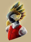  avian avian_(starbound) beak clothed clothing eyes_closed feathers portrait shirt simple_background solo starbound triruntu video_games 
