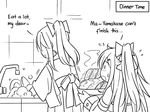  blush bowl commentary detached_sleeves dishwashing english faucet food from_behind greyscale guin_guin hair_ornament hairclip houshou_(kantai_collection) kantai_collection long_hair monochrome multiple_girls open_mouth plate ponytail yamakaze_(kantai_collection) 