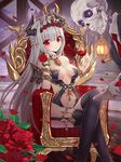  absurdly_long_hair alcohol bad_id bad_pixiv_id bare_shoulders black_legwear blush breasts cleavage closed_mouth collarbone cup demon_girl drinking_glass eyebrows_visible_through_hair fantasy flower grey_hair horns lantern large_breasts long_hair looking_at_viewer mellozzo navel original red_eyes rose sitting skull smile solo thighhighs throne very_long_hair wine wine_glass 