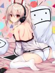  1girl absurdres ass ayanami_(azur_lane) azur_lane bandaid bandaid_on_arm bandaid_on_face bare_back bare_shoulders bed commentary_request earbuds earphones from_behind headphones headpiece highres looking_at_viewer niconico nintendo_switch on_bed panties platinum_blonde_hair ponytail red_eyes shirt_slip shoulder_blades sitting solo sutorea tablet_pc thighhighs underwear wariza white_legwear white_panties 