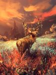  amazing_background antlers aquasixio brown_eyes brown_fur castle cervine cloud deer detailed_background feral fur grass hair horn long_hair looking_at_viewer looking_back male mammal mist orange_theme outside plains plant_antlers sky solo standing sunset tree vines 