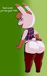  2017 animal_crossing anthro big_butt blush breasts brown_hair butt clothed clothing digital_media_(artwork) english_text female fishnet fishnet_legwear freepancakes fur hair hi_res lagomorph legwear lipstick looking_at_viewer makeup mammal nintendo open_mouth rabbit short_stack simple_background smile solo standing text tiffany_(animal_crossing) video_games white_fur 