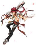  artist_request belt black_neckwear black_pants bracelet choker closed_mouth elsword elsword_(character) full_body hair_over_one_eye headband holding holding_sword holding_weapon jewelry long_hair looking_at_viewer male_focus necklace official_art outstretched_hand over_shoulder pants red_eyes red_hair rune_master_(elsword) shirtless shoes smile solo sword transparent_background weapon white_coat 