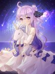  absurdly_long_hair ahoge azur_lane bad_id bad_pixiv_id bare_shoulders blue_bow blush bow elbow_gloves eyebrows_visible_through_hair gloves holding holding_stuffed_animal kneeling long_hair mellozzo night night_sky outdoors parted_lips purple_eyes purple_hair sky solo star_(sky) star_trail starry_sky stuffed_alicorn stuffed_animal stuffed_toy unicorn_(azur_lane) very_long_hair white_gloves 