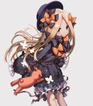  abigail_williams_(fate/grand_order) bangs black_bow black_dress black_hat blonde_hair bloomers blue_eyes bow bug butterfly closed_mouth commentary_request dress fate/grand_order fate_(series) grey_background hair_bow hat insect long_hair long_sleeves looking_at_viewer orange_bow parted_bangs polka_dot polka_dot_bow shino_(eefy) simple_background sleeves_past_fingers sleeves_past_wrists solo stuffed_animal stuffed_toy teddy_bear underwear very_long_hair white_bloomers 