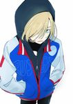  blonde_hair blue_eyes commentary cowboy_shot hair_over_one_eye hands_in_pockets hood hood_up hoodie jacket kawai_makoto long_sleeves looking_at_viewer male_focus parted_lips simple_background solo standing white_background yuri!!!_on_ice yuri_plisetsky 