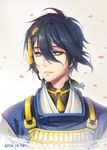  absurdres black_hair blue_eyes blush cherry_blossoms dated eyebrows highres looking_away luode_huayuan male_focus mikazuki_munechika parted_lips smile solo teeth touken_ranbu 