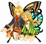  1girl bad_id bad_pixiv_id blonde_hair braid butterfly_wings crossover fairy flower hair_flower hair_ornament i-nhoc long_hair long_sleeves lowres mercedes odin_sphere pointy_ears puffy_sleeves red_eyes saga saga_frontier silence_(saga_frontier) twin_braids twintails wings 