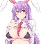  animal_ears bangs between_breasts bikini_top black_bikini_top breasts bunny_ears cleavage fingernails flying_sweatdrops hasu_(hk_works) large_breasts long_hair looking_at_viewer necktie necktie_between_breasts pink_eyes purple_hair red_neckwear reisen_udongein_inaba simple_background solo touhou very_long_hair white_background wing_collar 