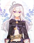  ahoge belt binan_xian_lu blush bra_strap breasts closed_mouth collarbone eyebrows_visible_through_hair grey_hair long_hair looking_at_viewer medium_breasts purple_eyes smile zero_(zero_kara_hajimeru_mahou_no_sho) zero_kara_hajimeru_mahou_no_sho 