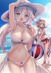  :d azur_lane bad_id bad_pixiv_id ball beach beachball bikini blonde_hair blue_sky breasts cleavage cloud commentary_request day eyewear_on_head flower hair_flower hair_ornament hair_ribbon hand_on_headwear hat illustrious_(azur_lane) long_hair looking_at_viewer medium_breasts multiple_girls navel ocean one_side_up open_mouth outdoors pink_eyes prince_of_wales_(azur_lane) purple_eyes ribbon short_hair side_bun silver_hair sky smile standing sun_hat sunglasses swimsuit tress_ribbon tsukigami_runa white_bikini white_hat 