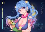  blue_hair breasts character_name cleavage closed_mouth earrings fingerless_gloves gloves green_gloves hair_ornament hanami_dango_(zzldango) highres jewelry league_of_legends long_hair looking_at_viewer medium_breasts necklace purple_eyes solo sona_buvelle star star_earrings star_hair_ornament twintails upper_body 