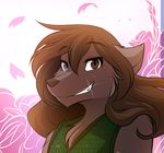  2017 abstract_background anthro brown_fur brown_hair canine chest_tuft clothed clothing female flower fur grin hair heterochromia hi_res keidran long_hair looking_at_viewer mammal natani petals plant smile solo tom_fischbach toony tuft twokinds vest wolf 