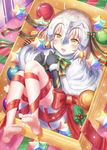  ahoge bad_id bad_pixiv_id barefoot bell black_gloves blonde_hair blush bow christmas elbow_gloves fate/grand_order fate_(series) gloves headpiece highres jeanne_d'arc_(fate)_(all) jeanne_d'arc_alter_santa_lily lying on_back open_mouth red_bow red_ribbon revision ribbon seungju_lee smile solo stellated_octahedron yellow_eyes 