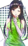 absurdres bare_shoulders black_hair bow breasts dress elbow_gloves eyebrows_visible_through_hair finger_to_mouth gloves green_dress hair_bow hair_ornament highres iwashii kuonji_shizuka large_breasts long_hair looking_at_viewer one_eye_closed purple_eyes shushing signature solo tokyo_7th_sisters white_gloves 
