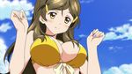  1girl animated animated_gif bikini breast_grab breasts cleavage large_breasts long_hair shinomiya_himawari sky solo talking vividred_operation yellow_bikini yellow_eyes 