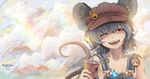  alternate_costume animal_ears artist_name blizzomos brown_hat cloud cup drinking_straw grey_hair hat head_tilt highres looking_at_viewer mouse_ears mouse_tail mug naked_overalls nazrin one_eye_closed open_mouth overalls red_eyes smile solo suspenders tail teeth touhou upper_body 