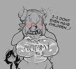  2017 animal_humanoid big_breasts blush breasts clothed clothing dragon dragon_humanoid duo eigaka embarrassed english_text female grey_background hair horn huge_breasts humanoid idian monochrome nina_(eigaka) open_mouth shirt simple_background smile standing text translucent voluptuous wet_shirt wide_hips 