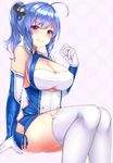 absurdres ahoge azur_lane blue_hair blush breasts cleavage commentary_request elbow_gloves eyebrows_visible_through_hair gloves highres large_breasts looking_at_viewer pink_eyes ponytail ribbon shiny shiny_hair shiny_skin sitting smile sogaya solo st._louis_(azur_lane) thighhighs white_gloves white_legwear 