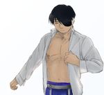  bare_chest black_eyes black_hair closed_eyes expressionless fullmetal_alchemist long_sleeves male_focus navel nipples nore_(boosuke) outstretched_hand pants patch roy_mustang scar short_hair simple_background solo white_background 