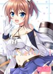  adjusting_clothes anchor azur_lane bare_shoulders blue_eyes blue_skirt blush braid breasts brown_hair cannon collarbone commentary_request cover cover_page doujin_cover endori french_braid gloves grey_background halterneck hat looking_at_viewer machinery medium_breasts midriff mini_hat miniskirt navel one_side_up open_mouth pleated_skirt rating repulse_(azur_lane) short_hair simple_background skirt smile smokestack solo thighhighs white_gloves white_legwear zettai_ryouiki 