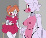  animatronic anthro areola baby_(fnafsl) better_version_at_source big_breasts blush breasts canine clothed clothing duo exposed female five_nights_at_freddy&#039;s fox funtime_foxy_(fnafsl) green_eyes humanoid jailbait_knight machine mammal nipples nude pussy robot sister_location table video_games 