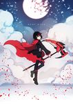  broken_moon cape character_name cloud crescent_rose ecru moon pantyhose petals red_hair ruby_rose rwby silver_eyes solo 
