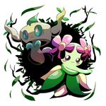  1girl arms_up bellossom black_eyes black_sclera blush blush_stickers dancing floating flower full_body ghost kanikou7 leaf looking_at_viewer looking_up no_humans phantump pokemon pokemon_(creature) pokemon_gsc pokemon_xy red_eyes red_flower simple_background smile standing white_background 