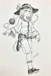  absurdres bare_legs blouse breasts full_body greyscale hat hat_ribbon highres komeiji_koishi leg_up long_sleeves looking_at_viewer mary_janes mashimashi medium_breasts monochrome ribbon scan shoes short_shorts shorts smile socks solo standing standing_on_one_leg third_eye touhou traditional_media wide_sleeves 
