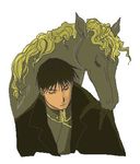  amestris_military_uniform animal black_hair closed_eyes coat expressionless fullmetal_alchemist horse lowres male_focus military military_uniform roy_mustang short_hair simple_background standing uniform urikurage white_background 