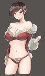  absurdres bare_shoulders black_hair blush breasts christmas cleavage clenched_hand collarbone cowboy_shot earrings fur-trimmed_bikini grey_background highres jacket jacket_removed jewelry large_breasts looking_at_viewer navel norman_maggot ol-chan_(norman_maggot) original red_jacket santa_bikini short_hair simple_background solo stomach 