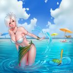  1girl bare_shoulders beach_umbrella bikini breasts brown_eyes cleavage highres jewelry large_breasts league_of_legends leaning_forward midriff navel necklace partially_submerged patreon_username polkin riven_(league_of_legends) sarong short_hair silver_hair smile standing strapless strapless_bikini swimsuit tumblr_username umbrella water watermark web_address white_bikini zac 