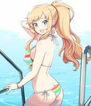  ass bangs bikini bikini_top blonde_hair blue_eyes blush bowieknife bracelet breasts earrings fingernails flower_earrings idolmaster idolmaster_cinderella_girls jewelry long_hair looking_at_viewer lossy-lossless medium_breasts multicolored multicolored_bikini multicolored_clothes multicolored_stripes o-ring o-ring_top ootsuki_yui open_mouth ponytail pool_ladder solo striped striped_bikini swimsuit upper_teeth water 