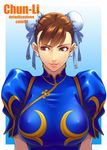  breasts brown_eyes brown_hair bun_cover character_name china_dress chinese_clothes chun-li covered_nipples double_bun dress earrings huge_breasts jewelry ken19941028 parted_lips puffy_sleeves short_sleeves smile solo street_fighter street_fighter_v upper_body 