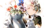  androgynous blush closed_mouth diamond_(houseki_no_kuni) elbow_gloves flower gem_uniform_(houseki_no_kuni) gloves highres houseki_no_kuni medium_hair multicolored_hair niii_(memstapak) smile sparkle vase white_gloves 