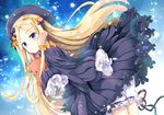  abigail_williams_(fate/grand_order) bangs black_bow black_dress black_hat blonde_hair bloomers blue_eyes blush bow bug butterfly commentary_request dress eyebrows_visible_through_hair fate/grand_order fate_(series) forehead hair_bow hat insect long_hair long_sleeves looking_away maruchan. object_hug orange_bow parted_bangs parted_lips polka_dot polka_dot_bow sleeves_past_wrists solo stuffed_animal stuffed_toy teddy_bear underwear v-shaped_eyebrows very_long_hair white_bloomers 
