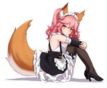  animal_ear_fluff animal_ears apron bangs black_footwear black_legwear blush breasts closed_mouth commentary_request detached_collar detached_sleeves dress eyebrows_visible_through_hair fate/extra fate_(series) fox_ears fox_tail frilled_dress frills from_side full_body high_heels highres large_breasts leg_hug long_hair looking_at_viewer maid maid_apron maid_headdress narynn pink_hair shadow simple_background sitting smile solo tail tamamo_(fate)_(all) tamamo_no_mae_(fate) thighhighs white_background yellow_eyes 