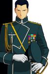  amestris_military_uniform bangs black_background black_eyes black_hair fullmetal_alchemist gloves hat looking_at_viewer male_focus medal military military_uniform roy_mustang serious simple_background smile solo standing uniform urikurage white_background 