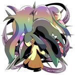  black_hair extra_mouth from_behind full_body hand_up kanikou7 looking_at_viewer looking_back mawile mega_mawile mega_pokemon no_humans pokemon pokemon_(creature) pokemon_rse red_eyes sharp_teeth simple_background standing teeth white_background 