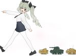  anchovy anzio_school_uniform bangs black_footwear black_neckwear black_skirt carro_armato_p40 carro_veloce_cv-33 dress_shirt drill_hair eyebrows_visible_through_hair from_side full_body girls_und_panzer green_hair ground_vehicle loafers long_hair long_sleeves looking_back military military_vehicle miniskirt motor_vehicle necktie open_mouth pantyhose pleated_skirt red_eyes school_uniform semovente_75/18 shirt shoes skirt smile solo standing tank twin_drills twintails walking wata_do_chinkuru white_legwear white_shirt 