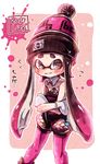  ankle_boots aori_(splatoon) aori_(splatoon)_(cosplay) black_eyes black_footwear black_hair black_jumpsuit blush bobblehat boots cosplay crossed_arms dated detached_collar domino_mask embarrassed flying_sweatdrops gloves gradient_hair harutarou_(orion_3boshi) hat highres inkling inkling_(language) light_frown long_hair looking_at_viewer mask multicolored_hair pantyhose pointy_ears purple_hair purple_hat purple_legwear short_jumpsuit solo splatoon_(series) standing strapless tentacle_hair translated wavy_mouth white_gloves 