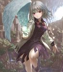  bow bowtie breasts castle cave cliff contrapposto dress eno_(whiskeyne) folded_leg jacket kishin_sagume long_sleeves looking_at_viewer medium_breasts open_clothes open_jacket outdoors outstretched_hand purple_dress red_neckwear short_hair silver_hair single_wing smile solo standing standing_on_one_leg touhou tree water waterfall white_jacket wings 