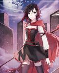  bandolier breasts broken_moon cape cleavage corset crescent_rose ecru english medium_breasts moon red_hair ruby_rose rwby silver_eyes solo thighhighs torn_cape torn_clothes torn_legwear 