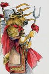 2004 anthro armor brown_fur cape chinese_clothing clothed clothing flag fur heather_bruton horn ironclaw_(rpg) jadeclaw male solo staff takin weapon 