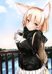  alternate_costume animal_ears backpack bag blonde_hair blue_sky blush bridge brown_eyes cloud coat coffee_cup commentary cup day disposable_cup extra_ears fennec_(kemono_friends) fox_ears fox_tail gloves highres holding kemono_friends kinou_no_shika looking_at_viewer outdoors river scarf skirt sky smile solo tail tree upper_body water white_gloves white_skirt winter_clothes winter_coat 