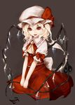  ascot blonde_hair bow buttons eyebrows_visible_through_hair fangs flandre_scarlet full_body hair_between_eyes hat hat_ribbon highres laevatein long_hair looking_at_viewer mob_cap moose_(moosu193) open_mouth puffy_short_sleeves puffy_sleeves red_bow red_eyes red_ribbon red_skirt ribbon short_sleeves simple_background sitting skirt skirt_set smile solo touhou v_arms vest white_hat wings yellow_neckwear 
