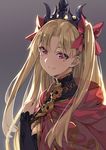  bangs black_cape black_dress blonde_hair bow cape closed_mouth commentary_request crown detached_collar dress earrings ereshkigal_(fate/grand_order) fate/grand_order fate_(series) fur-trimmed_cape fur_trim gold_trim hair_ribbon hoop_earrings jewelry long_hair looking_at_viewer looking_to_the_side multicolored multicolored_cape multicolored_clothes necklace parted_bangs purple_bow red_cape red_eyes red_ribbon ribbon single_sleeve skull smile spine tears tiara two_side_up yahako yellow_cape 