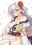  akino_hamo aqua_eyes azur_lane black_gloves breasts collarbone commentary_request floral_background gloves gradient_hair hair_ornament hand_up highres japanese_clothes kimono large_breasts long_hair long_sleeves looking_at_viewer mole mole_under_eye multicolored_hair nipples obi off_shoulder partly_fingerless_gloves pink_hair ribbon-trimmed_legwear ribbon_trim sash shoukaku_(azur_lane) silver_hair simple_background sitting solo sweat thighhighs very_long_hair white_background white_legwear 