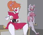  animatronic anthro areola baby_(fnafsl) better_version_at_source big_breasts blush breasts canine clothed clothing duo exposed female five_nights_at_freddy&#039;s fox funtime_foxy_(fnafsl) green_eyes humanoid jailbait_knight machine mammal nipples nude pussy robot screwdriver sister_location sitting table tools video_games 